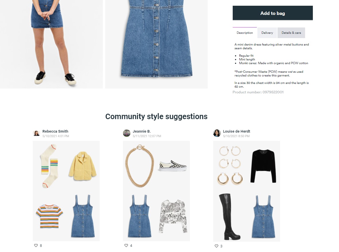 The best UGC created on the Monki brand community are displayed on product pages to increase revenue