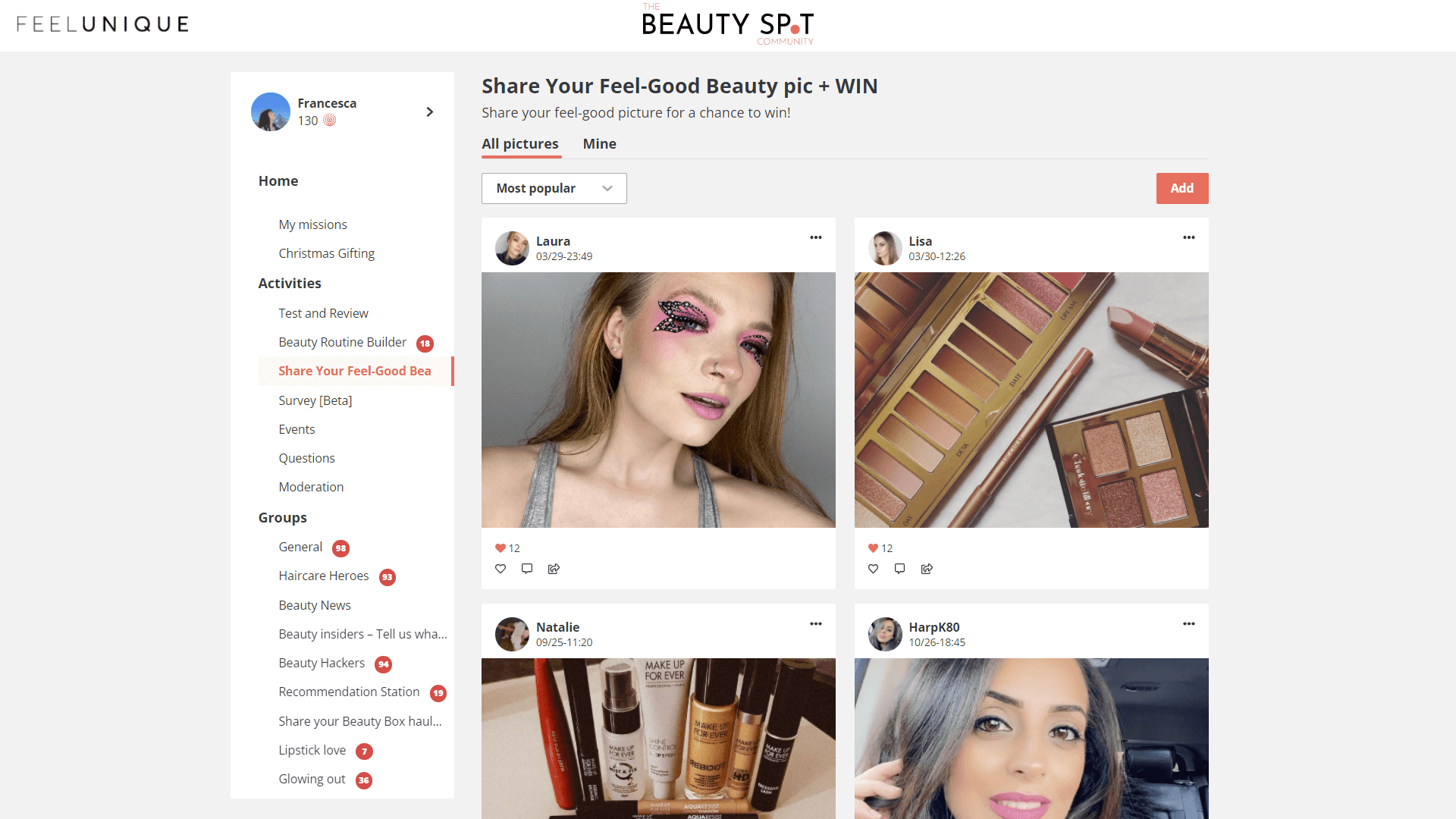 Feelunique community members share UGC and and make up looks on the beauty spot community