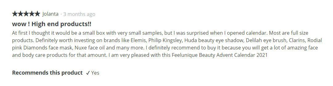 Customer review generated on the Feelunique community